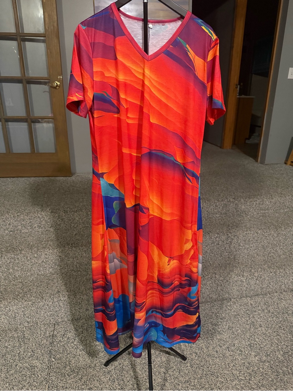 Vibrant Red V-Neck Maxi Dress with Multicolor Abstract Print